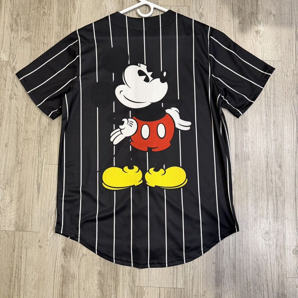 Disney Baseball Jersey Mens Medium Black Pinstripe Mickey Mouse Gothic Graphic